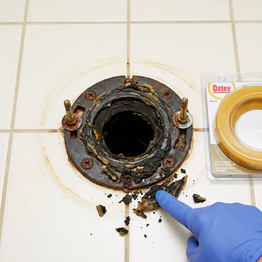 Failed wax ring showing water seepage at the base of a toilet in a Nashville, GA home
