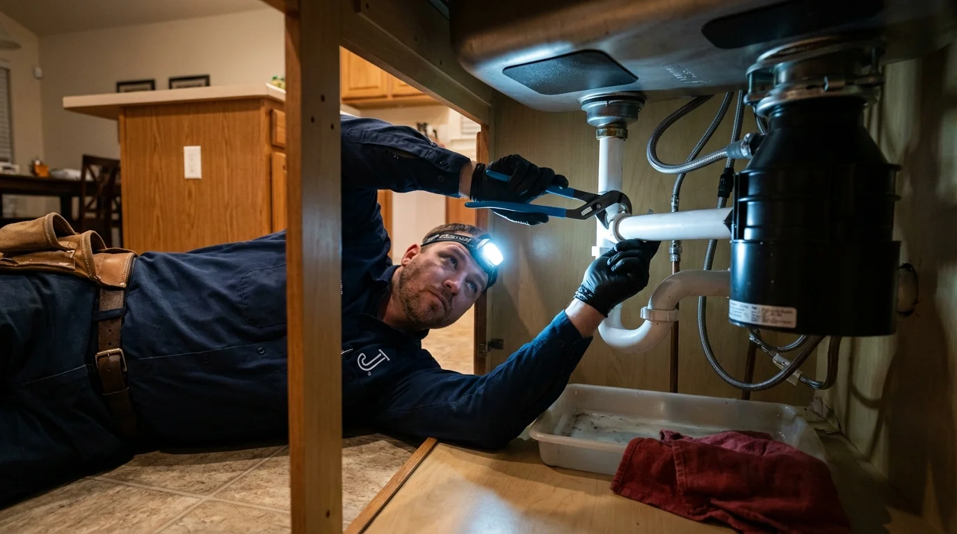 P-trap and supply line connections under a kitchen sink showing a common leak point in Nashville, GA